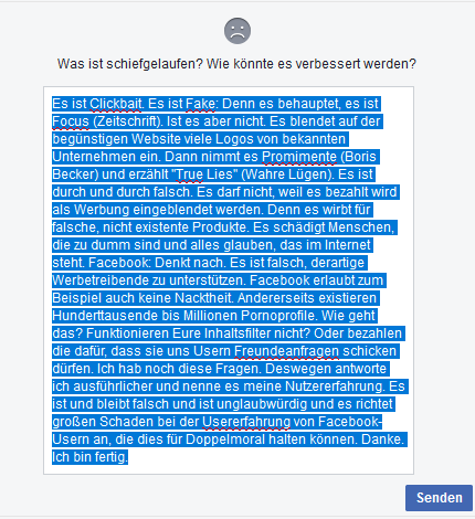 Userkommentar zu Clickbait-Werbung auf #Facebook #UserExperience #Beschwerdemanagement