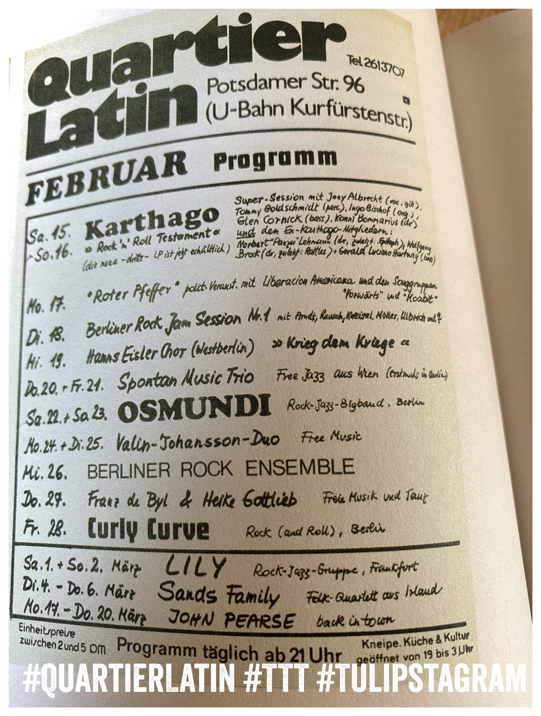 Ausriss "Programm" Buch: Quartier Latin - Berlins legendärer Musikladen 1970-1989 368 Seiten, L+H Verlag Berlin #QuartierLatin #TTT #Tulipstagram